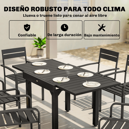 Outsunny Mesa de Jardim Extensível, Mesa de Jantar Exterior Extensível 80160x80 cm, em Alumínio, com Superfície de Ripas, Suporta até 70 kg, Mesa Retangular para 4-6 Pessoas, para Pátio Terraço, Preto