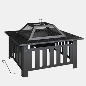 Outsunny Fogareiro Exterior Quadrado em Aço, 67x67x47 cm, com Atiçador, Tampa de Malha, para Terraço, Camping, Festas, Preto