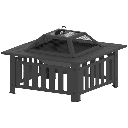 Outsunny Fogareiro Exterior Quadrado em Aço, 67x67x47 cm, com Atiçador, Tampa de Malha, para Terraço, Camping, Festas, Preto