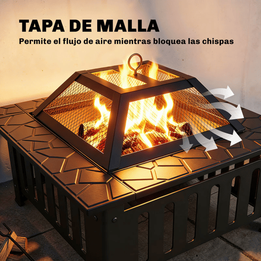 Outsunny Fogareiro Exterior Quadrado em Aço, 67x67x47 cm, com Atiçador, Tampa de Malha, para Terraço, Camping, Festas, Preto