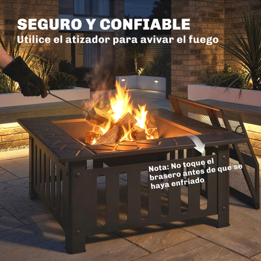Outsunny Fogareiro Exterior Quadrado em Aço, 67x67x47 cm, com Atiçador, Tampa de Malha, para Terraço, Camping, Festas, Preto