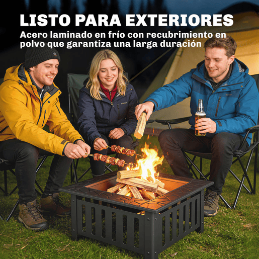 Outsunny Fogareiro Exterior Quadrado em Aço, 67x67x47 cm, com Atiçador, Tampa de Malha, para Terraço, Camping, Festas, Preto
