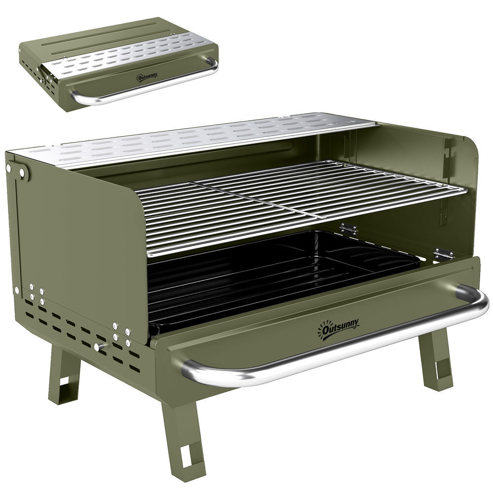 Outsunny barbacoa de carbón plegable, barbacoa portátil, 52x37x31,8 cm, con rejilla ajustable, estante lateral plegable y bandeja de carbón extraíble, para camping, picnic, fiesta en jardín, verde