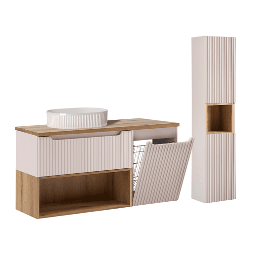 Conjunto lavatório individual 120cm cesto roupa coluna Riva Caxemira madeira