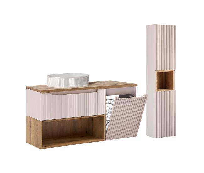 Conjunto de lavabo individual de 120 cm con cesto para ropa sucia y columna riva cashmere y wood