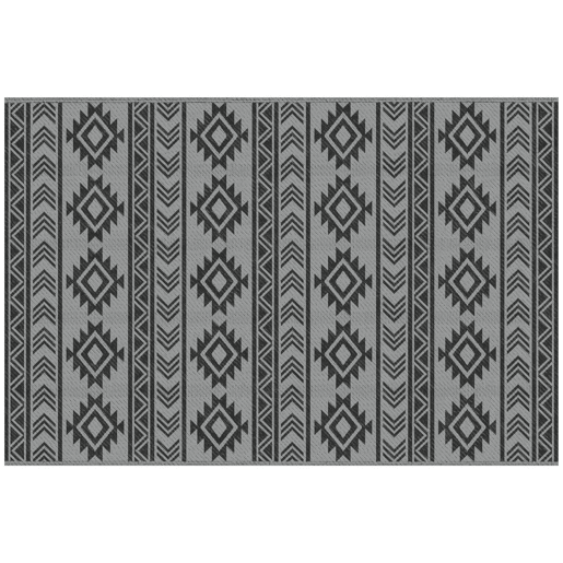 Outsunny Tapete para Exterior, 182x274 cm, Tapete Reversível com Padrão Geométrico, Impermeável, Anti-UV, para Terraço, Varanda, Jardim, Campismo, Viagens de Autocaravana, Preto e Cinzento Claro
