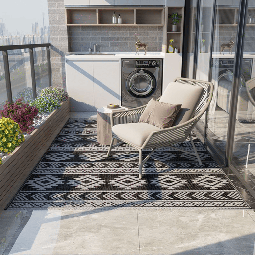 Outsunny Tapete para Exterior, 182x274 cm, Tapete Reversível com Padrão Geométrico, Impermeável, Anti-UV, para Terraço, Varanda, Jardim, Campismo, Viagens de Autocaravana, Preto e Cinzento Claro