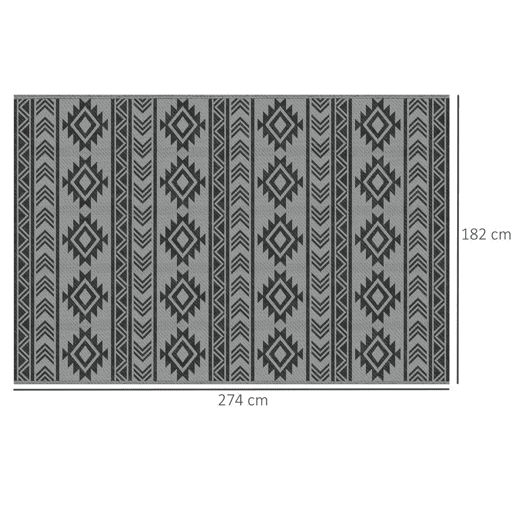 Outsunny Tapete para Exterior, 182x274 cm, Tapete Reversível com Padrão Geométrico, Impermeável, Anti-UV, para Terraço, Varanda, Jardim, Campismo, Viagens de Autocaravana, Preto e Cinzento Claro