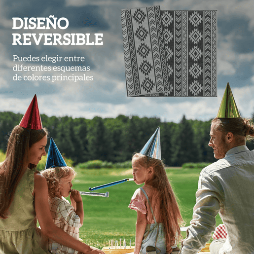 Outsunny Tapete para Exterior, 182x274 cm, Tapete Reversível com Padrão Geométrico, Impermeável, Anti-UV, para Terraço, Varanda, Jardim, Campismo, Viagens de Autocaravana, Preto e Cinzento Claro