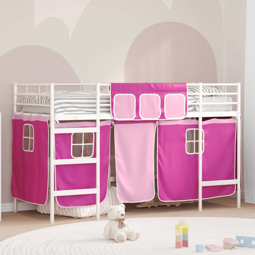 Estrutura de Cama Infantil Loft para Crianças com Cortinas Branco e Rosa