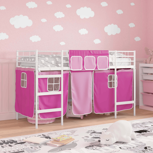 Estrutura de Cama Infantil Loft para Crianças com Cortinas Branco e Rosa