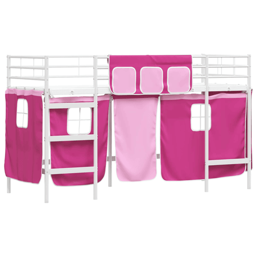Estrutura de Cama Infantil Loft para Crianças com Cortinas Branco e Rosa