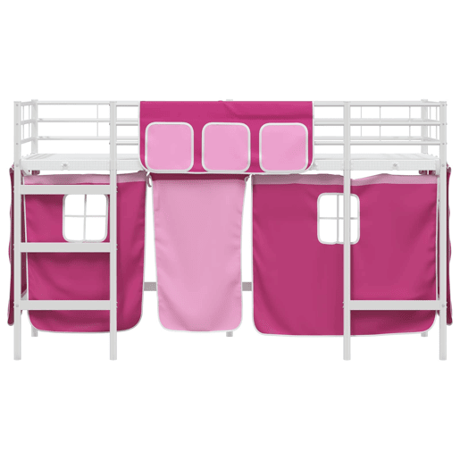 Estrutura de Cama Infantil Loft para Crianças com Cortinas Branco e Rosa