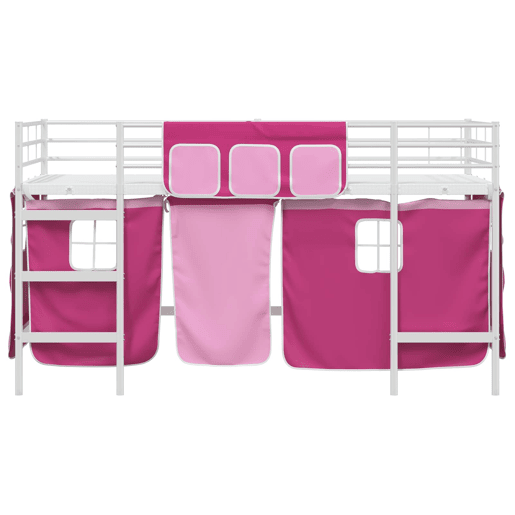 Estrutura de Cama Infantil Loft para Crianças com Cortinas Branco e Rosa
