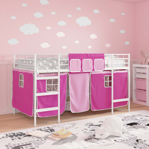 Estrutura de Cama Infantil Loft para Crianças com Cortinas Branco e Rosa