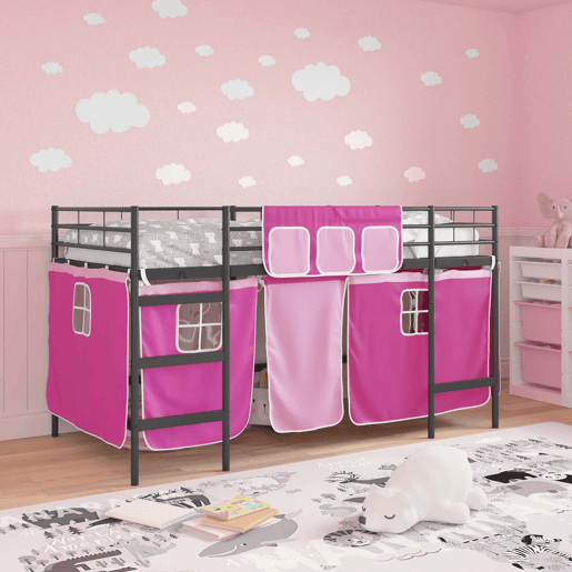 Estrutura de Cama Infantil Loft para Crianças com Cortinas Preto e Rosa