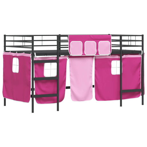 Estrutura de Cama Infantil Loft para Crianças com Cortinas Preto e Rosa