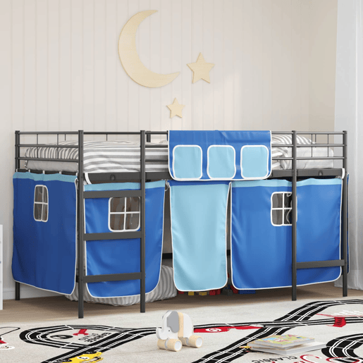 Estrutura de Cama Infantil Loft para Crianças com Cortinas Preto e Azul