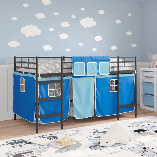 Estrutura de Cama Infantil Loft para Crianças com Cortinas Preto e Azul
