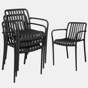 Outsunny Conjunto de 4 Cadeiras de Jardim Empilháveis, Cadeiras de Exterior em PP com Encosto Curvado Assento com Ripas 55x58,5x81,5 cm Preto