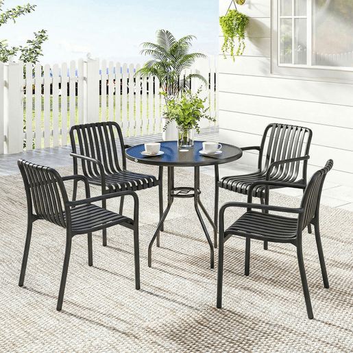 Outsunny Conjunto de 4 Cadeiras de Jardim Empilháveis, Cadeiras de Exterior em PP com Encosto Curvado Assento com Ripas 55x58,5x81,5 cm Preto