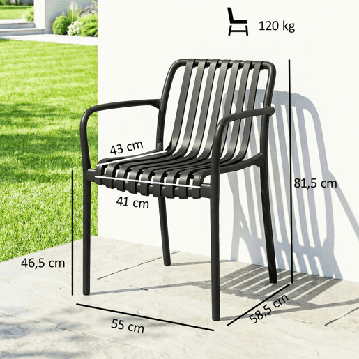 Outsunny Conjunto de 4 Cadeiras de Jardim Empilháveis, Cadeiras de Exterior em PP com Encosto Curvado Assento com Ripas 55x58,5x81,5 cm Preto
