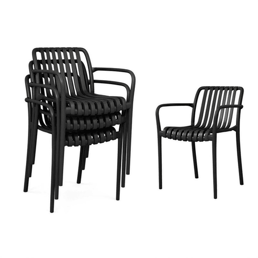 Outsunny Conjunto de 4 Cadeiras de Jardim Empilháveis, Cadeiras de Exterior em PP com Encosto Curvado Assento com Ripas 55x58,5x81,5 cm Preto