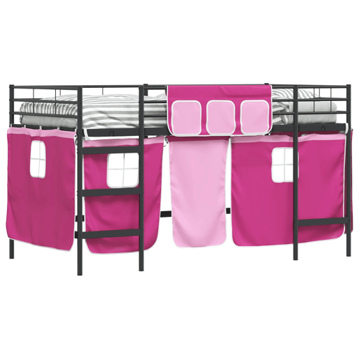 Estrutura de Cama Loft para Crianças com Cortinas Preto e Rosa