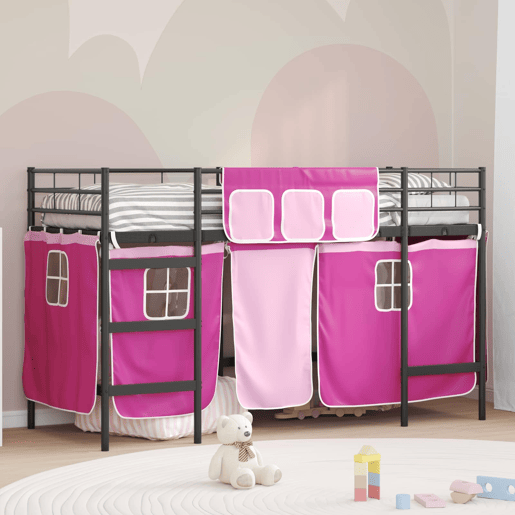 Estrutura de Cama Infantil Loft para Crianças com Cortinas Preto e Rosa