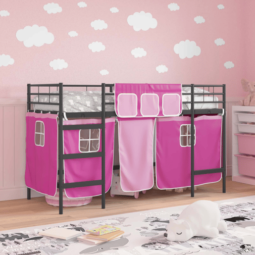 Estrutura de Cama Infantil Loft para Crianças com Cortinas Preto e Rosa