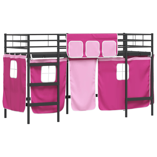 Estrutura de Cama Infantil Loft para Crianças com Cortinas Preto e Rosa