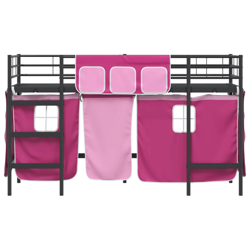 Estrutura de Cama Infantil Loft para Crianças com Cortinas Preto e Rosa