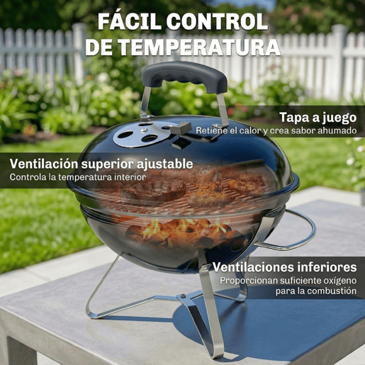 Outsunny Barbecue de Carvão Portátil, Grelhador de Carvão Redondo, Tampa com Suporte, Grelha, Ventilação Ajustável, para Varanda, Piquenique, Camping, Ø41x44 cm, Preto