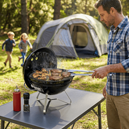 Outsunny Barbecue de Carvão Portátil, Grelhador de Carvão Redondo, Tampa com Suporte, Grelha, Ventilação Ajustável, para Varanda, Piquenique, Camping, Ø41x44 cm, Preto