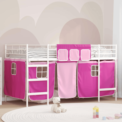 Estrutura de Cama Infantil Loft para Crianças com Cortinas Branco e Rosa