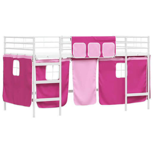 Estrutura de Cama Infantil Loft para Crianças com Cortinas Branco e Rosa