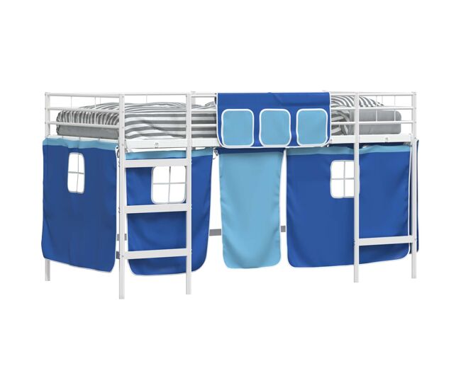 Estructura de cama alta infantil para niños con cortinas y azul