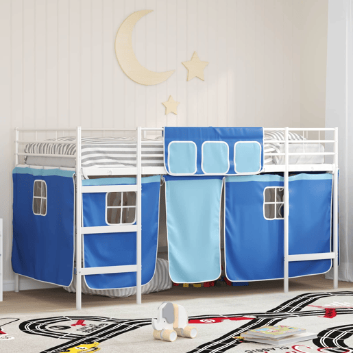 Estrutura de Cama Infantil Loft para Crianças com Cortinas Branco e Azul