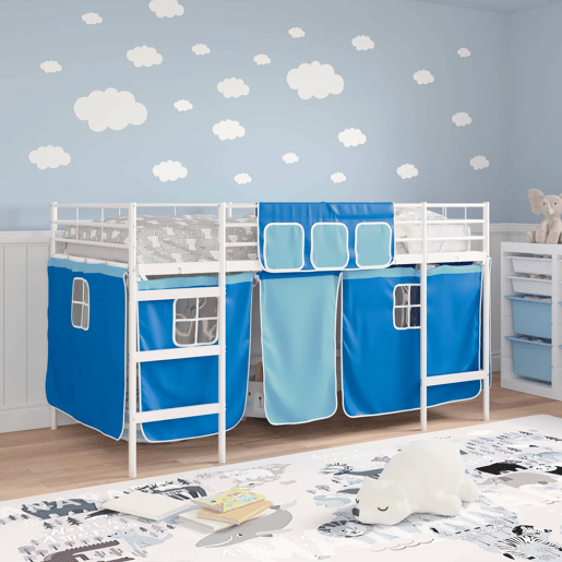 Estrutura de Cama Infantil Loft para Crianças com Cortinas Branco e Azul