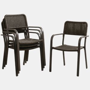 Outsunny Conjunto de 4 Cadeiras de Jardim Exterior Empilháveis, Cadeiras de Jantar Exterior Efeito Rattan, com Apoios de Braços, Estrutura de Aço, Resistentes às Intempéries e Leves, 55x60x83 cm, Castanho Escuro