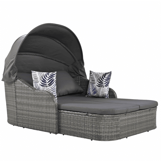 Mobiliário de jardim para 2 pessoas - Sofá lounge de vime PE com 4 almofadas e dossel ajustável - Cinzento
