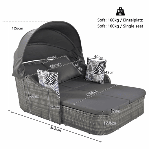 Mobiliário de jardim para 2 pessoas - Sofá lounge de vime PE com 4 almofadas e dossel ajustável - Cinzento