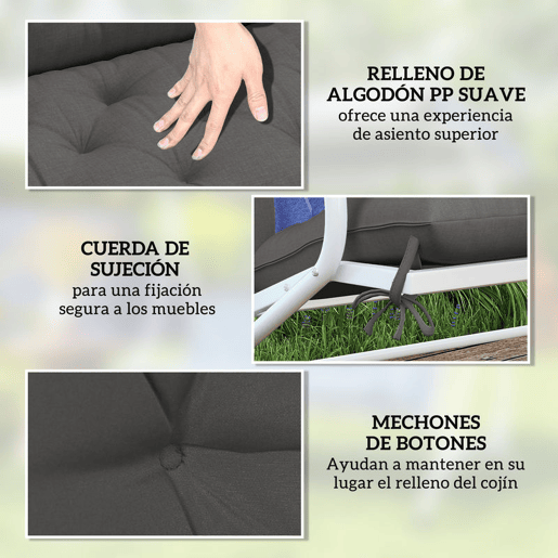 Outsunny Almofada para Banco com Encosto 120x110x12 cm Almofada de Banco de Jardim de 2 Lugares com 6 Cordões de Fixação para Balanço de Jardim Terraço Preto