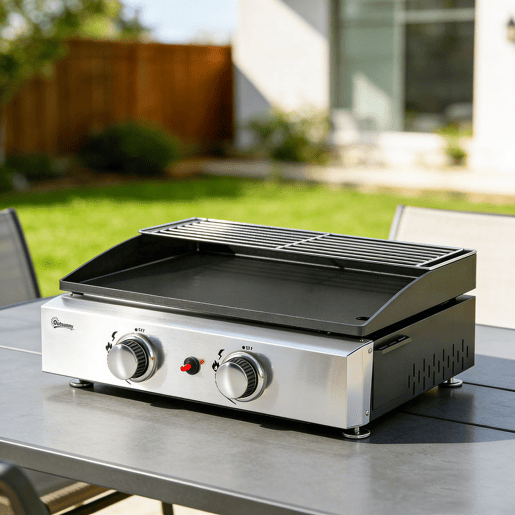 Outsunny Barbecue a Gás BBQ com 2 Queimadores de 5 kW Barbecue Portátil com Placa Grelha de Aquecimento e Recipiente para Gordura para Campismo Piqueniques e Terraço Preto