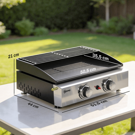 Outsunny Barbecue a Gás BBQ com 2 Queimadores de 5 kW Barbecue Portátil com Placa Grelha de Aquecimento e Recipiente para Gordura para Campismo Piqueniques e Terraço Preto