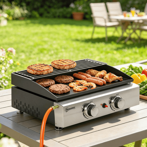 Outsunny Barbecue a Gás BBQ com 2 Queimadores de 5 kW Barbecue Portátil com Placa Grelha de Aquecimento e Recipiente para Gordura para Campismo Piqueniques e Terraço Preto