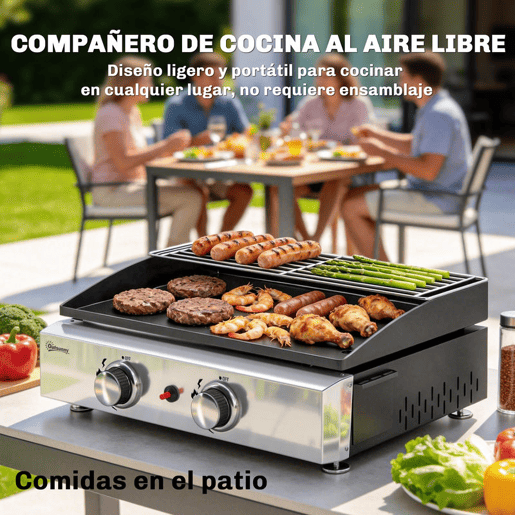 Outsunny Barbecue a Gás BBQ com 2 Queimadores de 5 kW Barbecue Portátil com Placa Grelha de Aquecimento e Recipiente para Gordura para Campismo Piqueniques e Terraço Preto