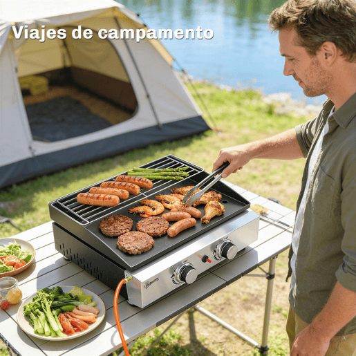 Outsunny Barbecue a Gás BBQ com 2 Queimadores de 5 kW Barbecue Portátil com Placa Grelha de Aquecimento e Recipiente para Gordura para Campismo Piqueniques e Terraço Preto