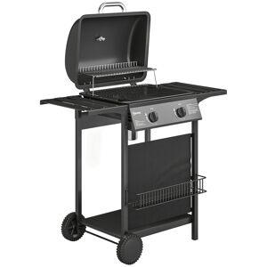 Outsunny Barbecue a Gás BBQ com 2 Queimadores de 5 kW Termómetro Mesas Laterais Prateleira Grelha de Aquecimento Ignição Piezoelétrica Bandeja de Gordura e 2 Rodas Preto