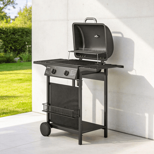 Outsunny Barbecue a Gás BBQ com 2 Queimadores de 5 kW Termómetro Mesas Laterais Prateleira Grelha de Aquecimento Ignição Piezoelétrica Bandeja de Gordura e 2 Rodas Preto